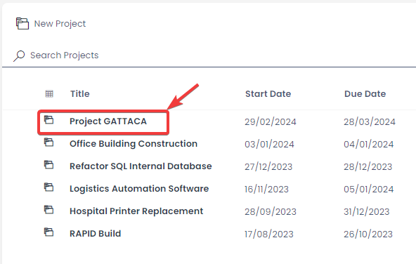 A screenshot that depicts how to open an item that contains a project report. The screenshot is annotated with a red box and a red arrow to show how to open an item.